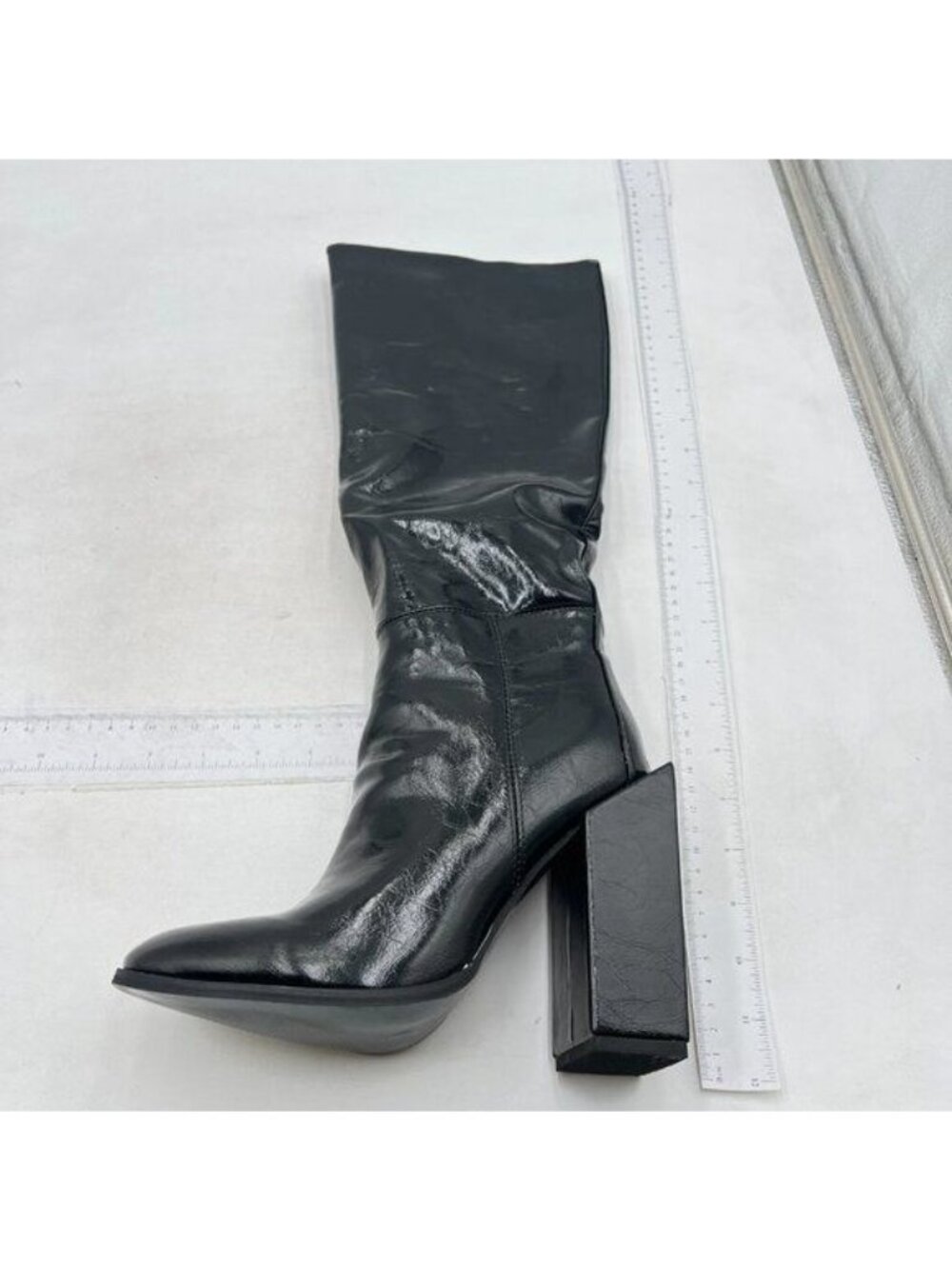 Womens Chunky Block Mid Heel Square Toe Knee High Boots Slip-on Zipper Black
